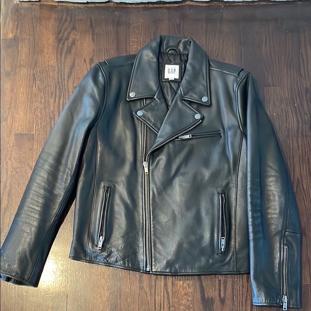 GAP Black Leather Moto Biker Jacket for Men M Excellent